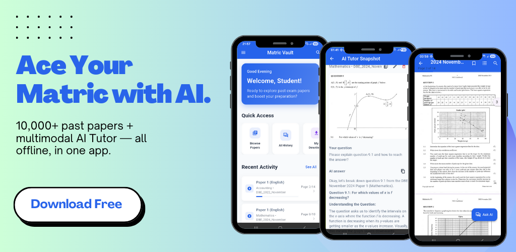 Matric Vault app screens showing past papers and AI Tutor help